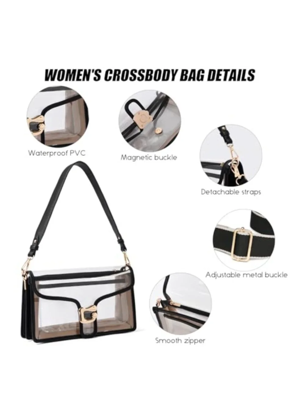 Clear Crossbody Bag Women Stadium Approved Vegan Leather Shoulder Purse with 2